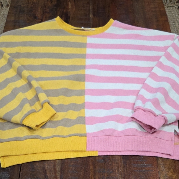 In The Beginning Tops - In The Beginning Striped Yellow and Pink Women's Sweatshirt